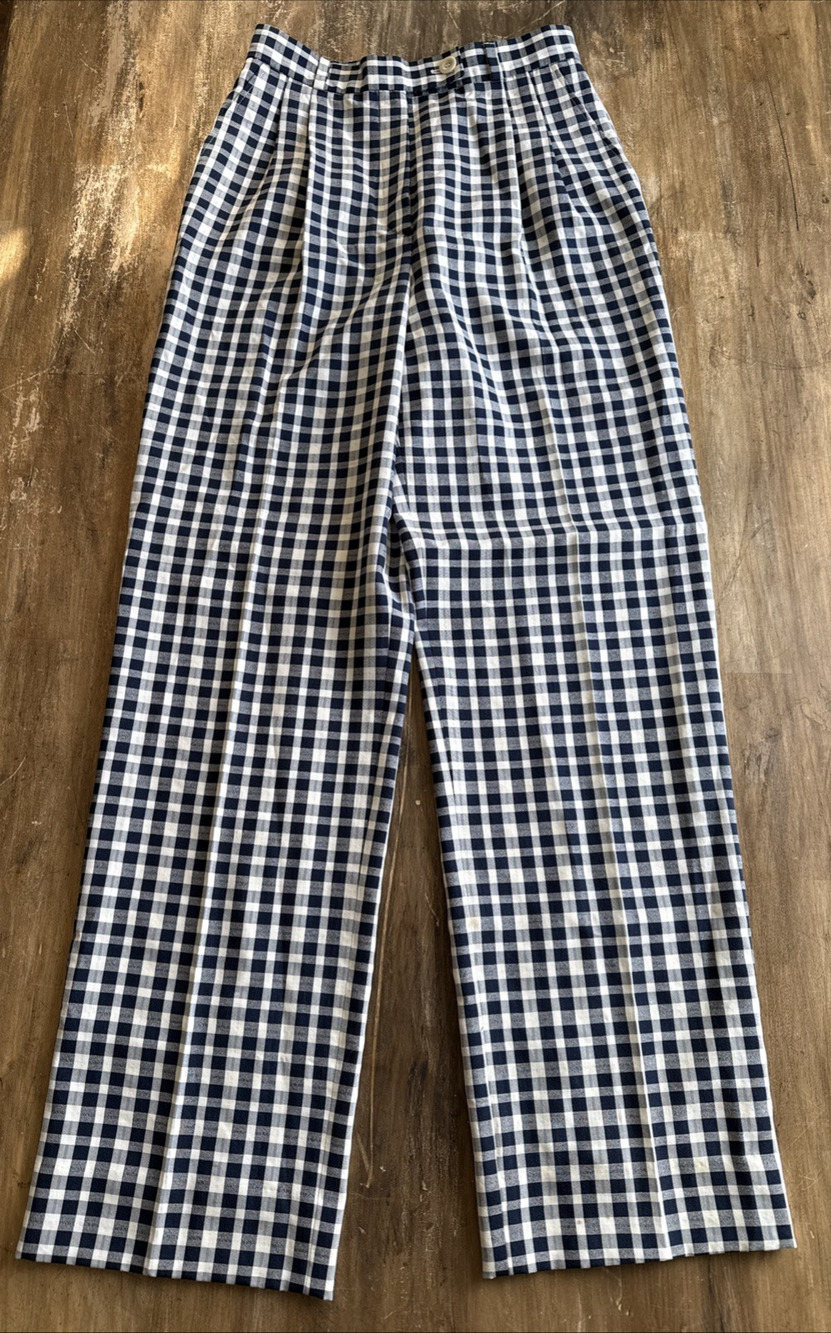 Bernard Zins for Saks Womens Slacks S High Waist Pleated Gingham Blue Viscose
